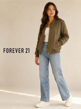 Forever 21 Quilted Bomber Jacket Olive Green Size S
